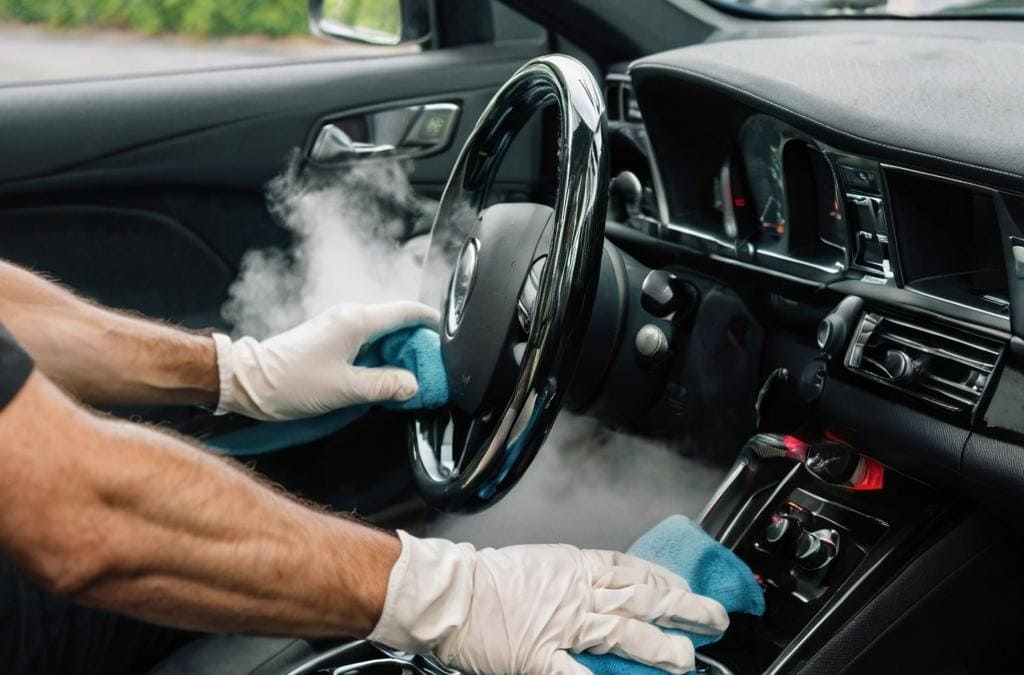 curatatorie chimica cu abur a interiorului masinii, abur, maini care curata suprafata interiorului unei masini din piele neagra